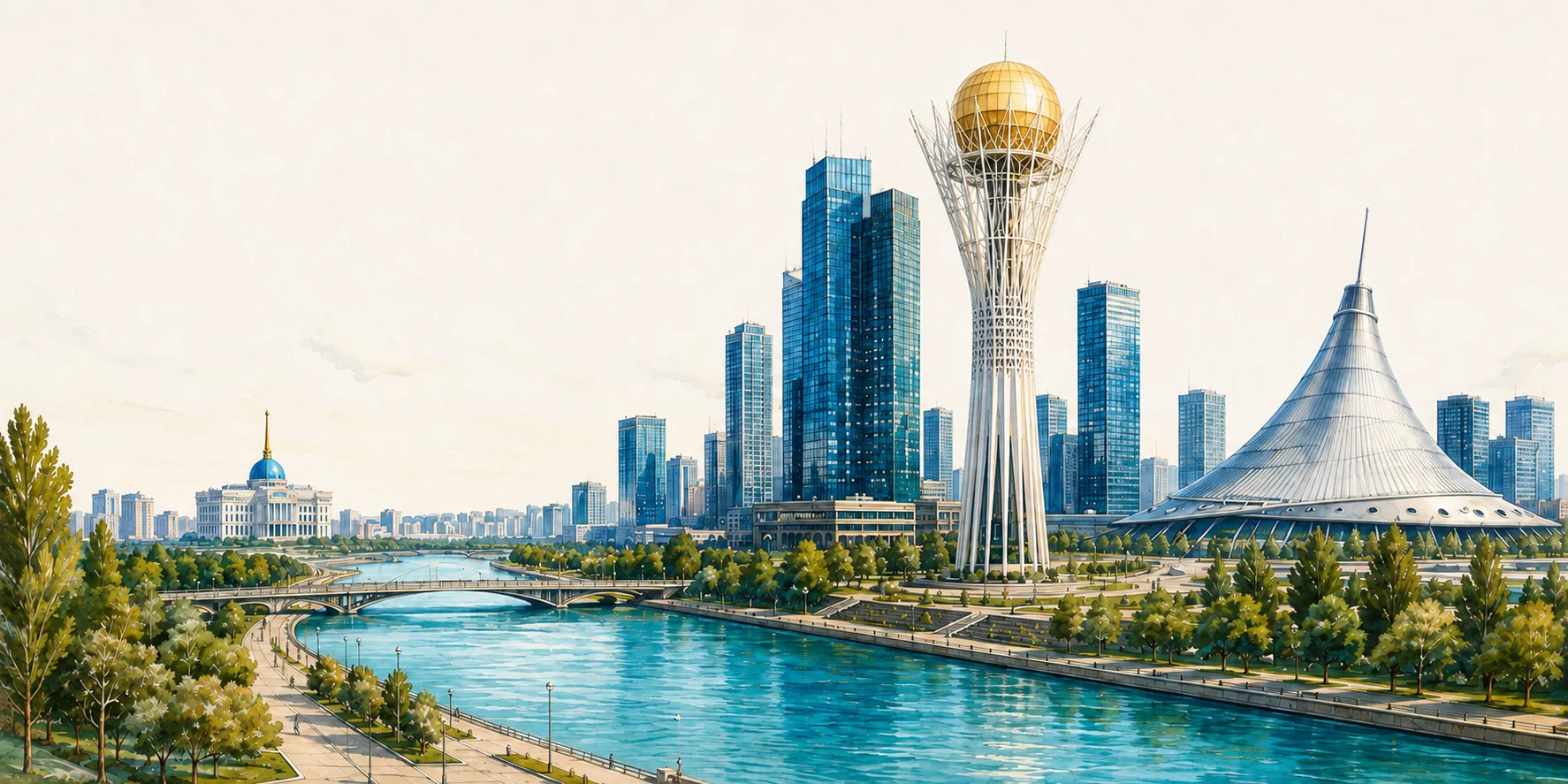 Художественная панорама Астаны: Байтерек с шаром по центру башни, Есиль, мост и Хан Шатыр