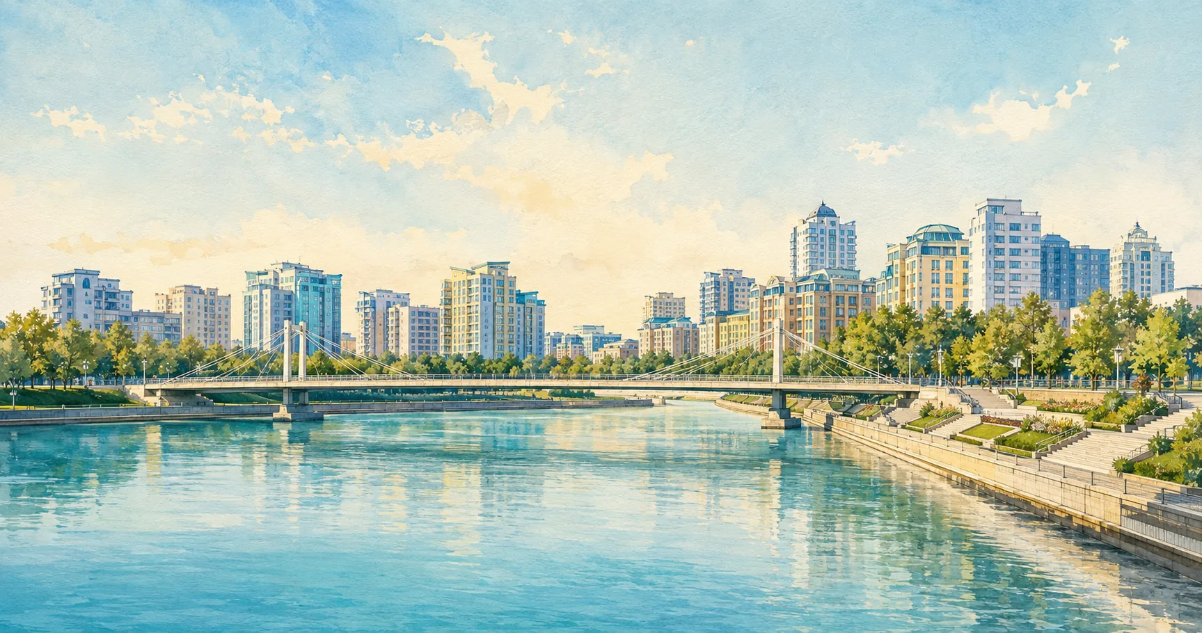 Художественный вид на Есиль: пешеходный мост, зелёные набережные и городские кварталы Астаны
